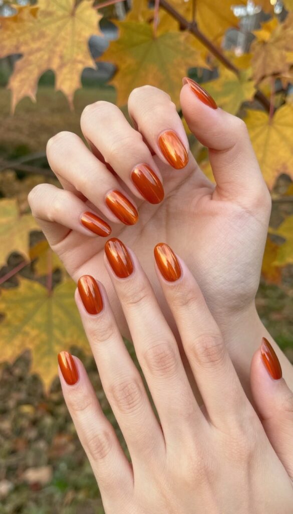 Burnt orange chrome almond nails with metallic sheen