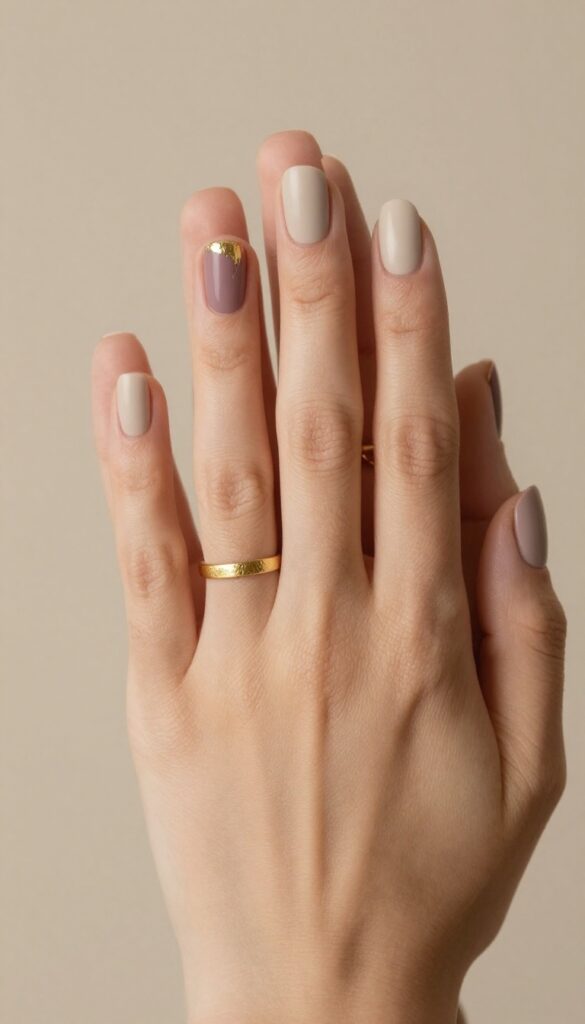 Short nails in muted mauve with gold foil accent on ring finger