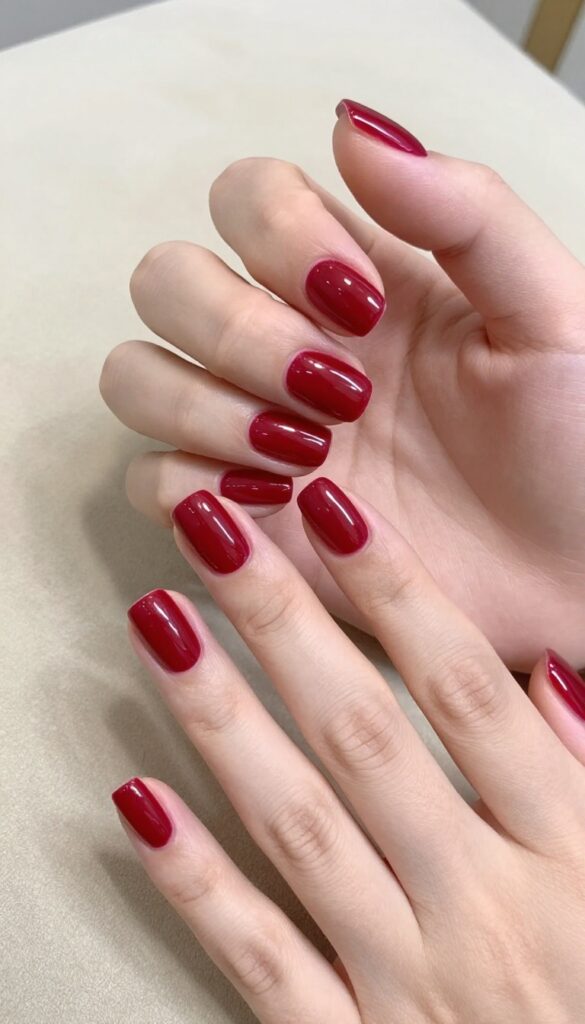 Short squoval nails with glossy cranberry polish