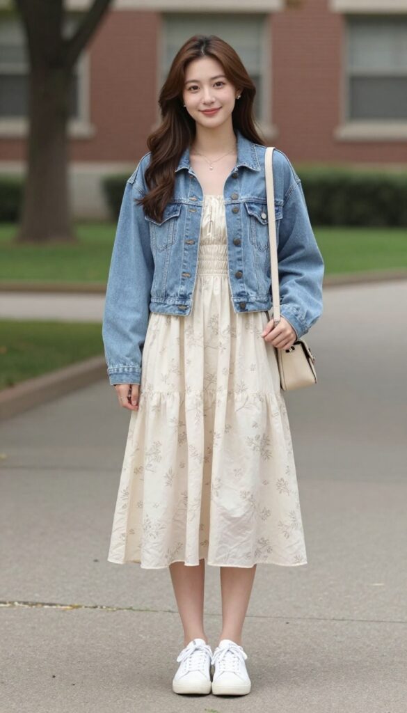 11. Flowy Midi Dress with a Denim Jacket and Sneakers