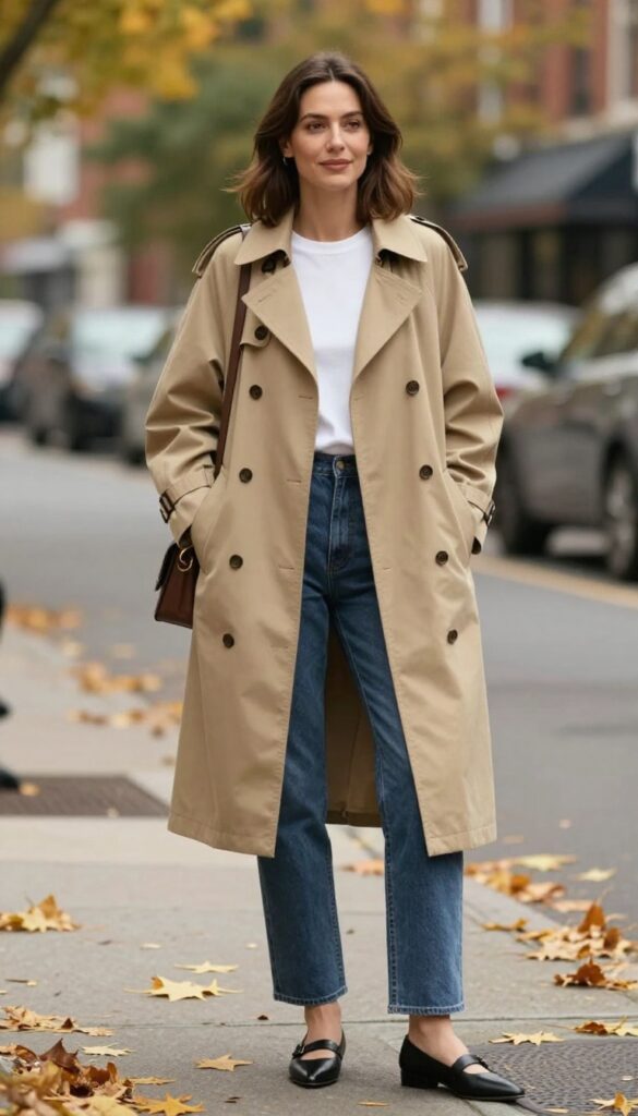 10. Trench Coat + Straight-Leg Jeans + Pointed Flats
