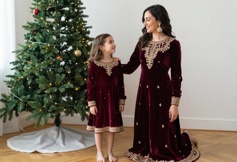 Mom and daughter in coordinated burgundy velvet lehengas with gold embroidery, festive Christmas setting