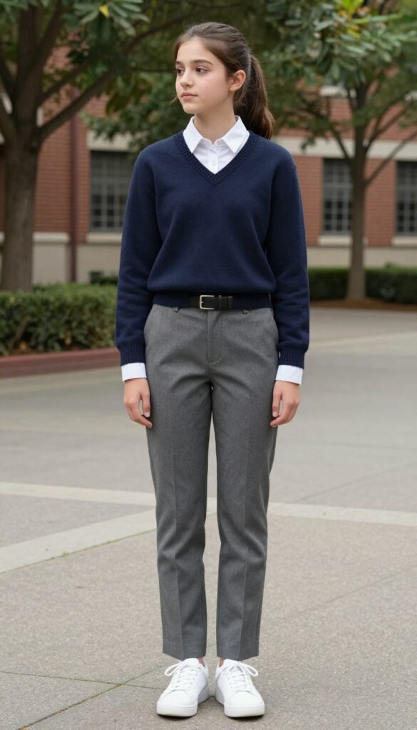 2. Classic Button-Down with V-Neck Sweater and Trousers