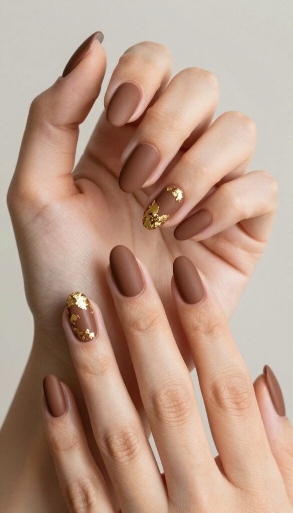 Matte cocoa nails with gold foil accents