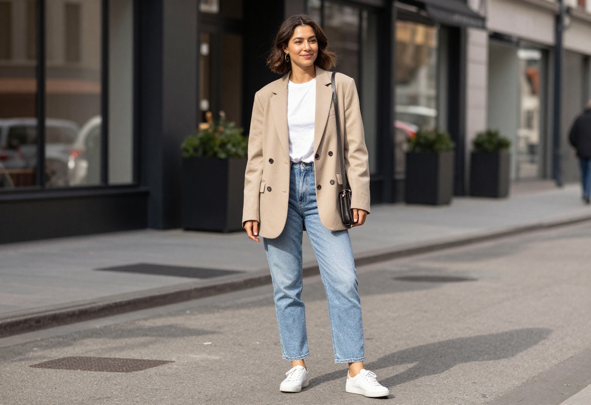Woman in beige blazer, white tee, straight-leg jeans, and white sneakers standing on a city street.