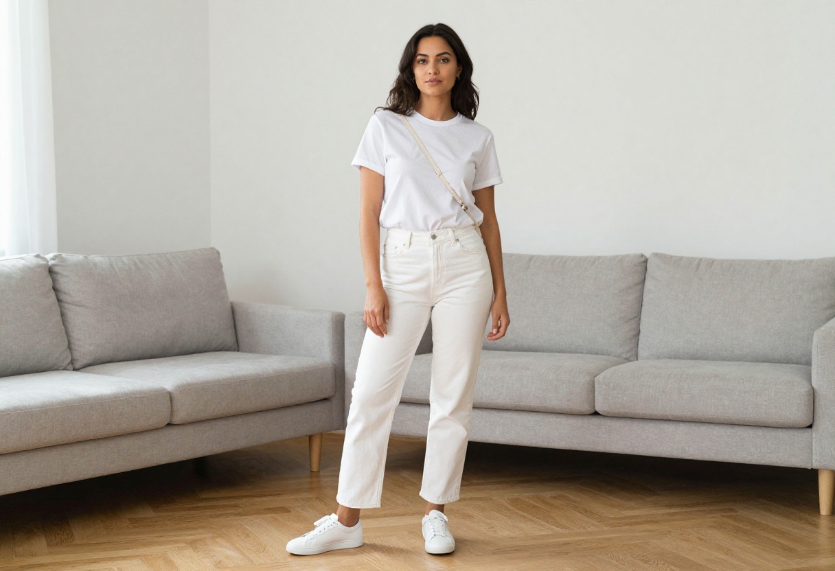 Woman in white tee and straight-leg jeans standing in a bright living room, casual outfit inspiration