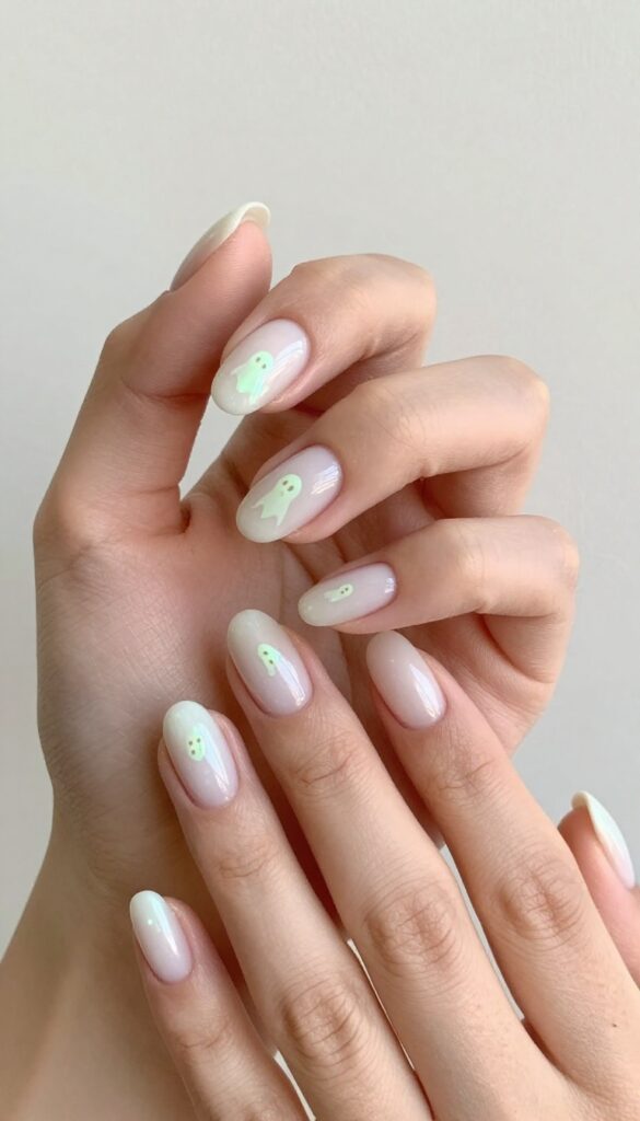 Glow-in-the-dark ghost nails on short almond nails with milky white base