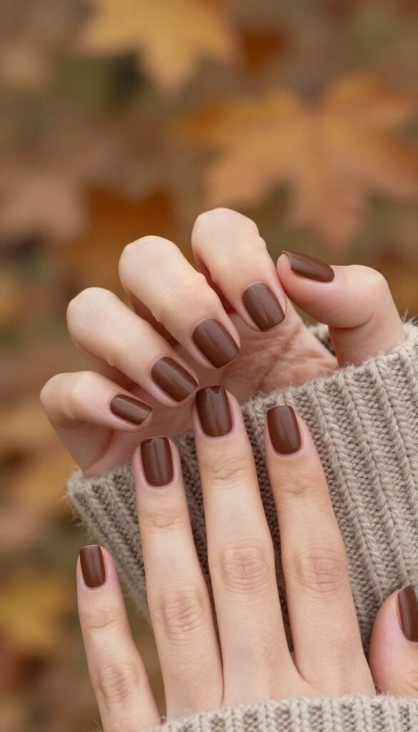 Short square nails with matte chocolate brown polish on a cozy fall background