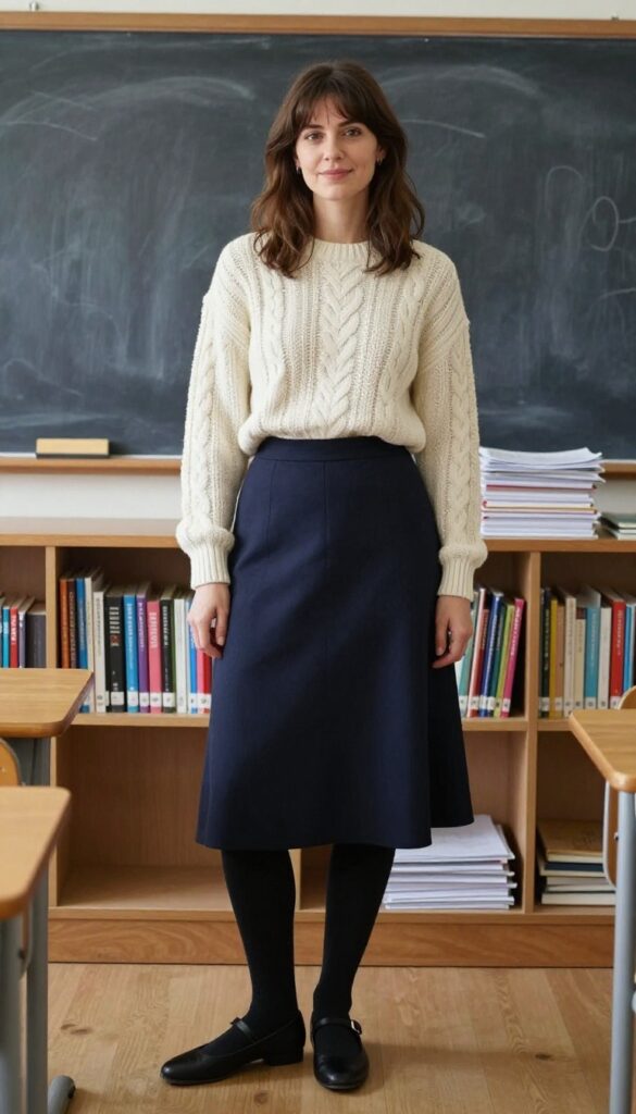 11. Cable-Knit Sweater with A-Line Skirt