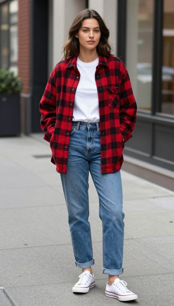 5. Oversized Flannel + White Tee + Straight-Leg Jeans