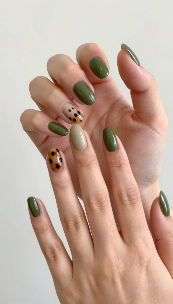 Olive green nails with tortoiseshell accent nail