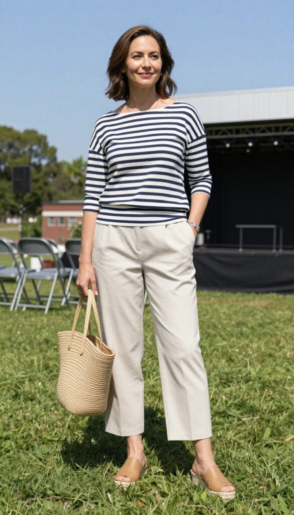 7. Cropped Trousers with a Striped Boatneck Top and Espadrilles