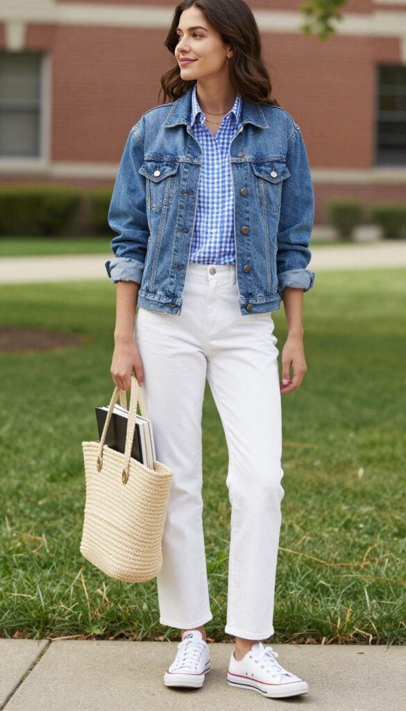 10. Denim Jacket Over a Gingham Shirt