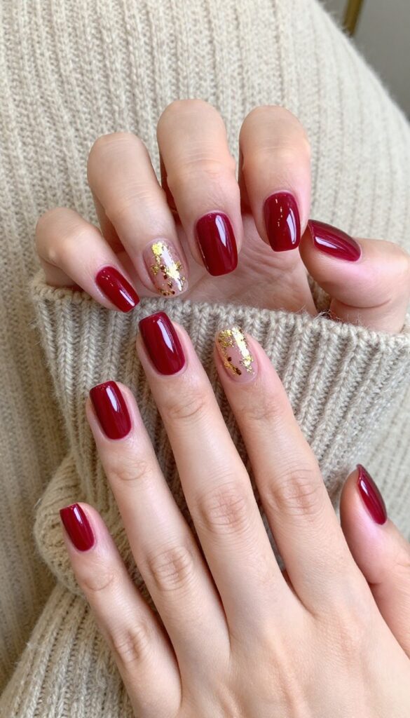 Cranberry red nails with gold foil accents on almond shape