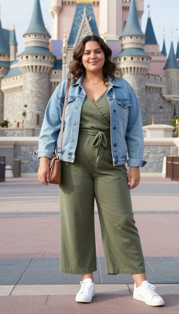3. Wide-Leg Jumpsuit + White Sneakers + Denim Jacket