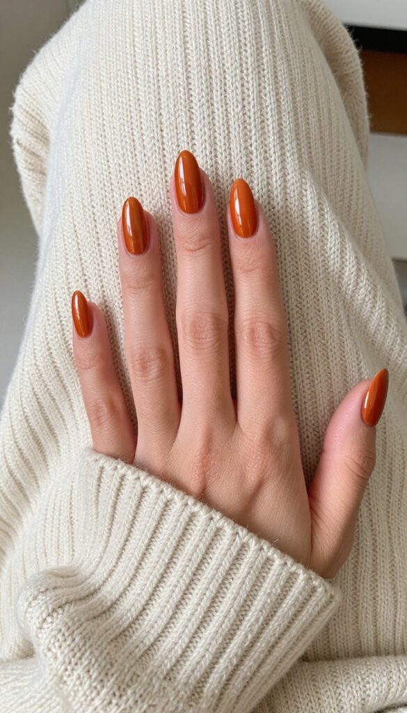 Burnt orange chrome nails with glossy finish on almond-shaped nails, resting on a cream sweater