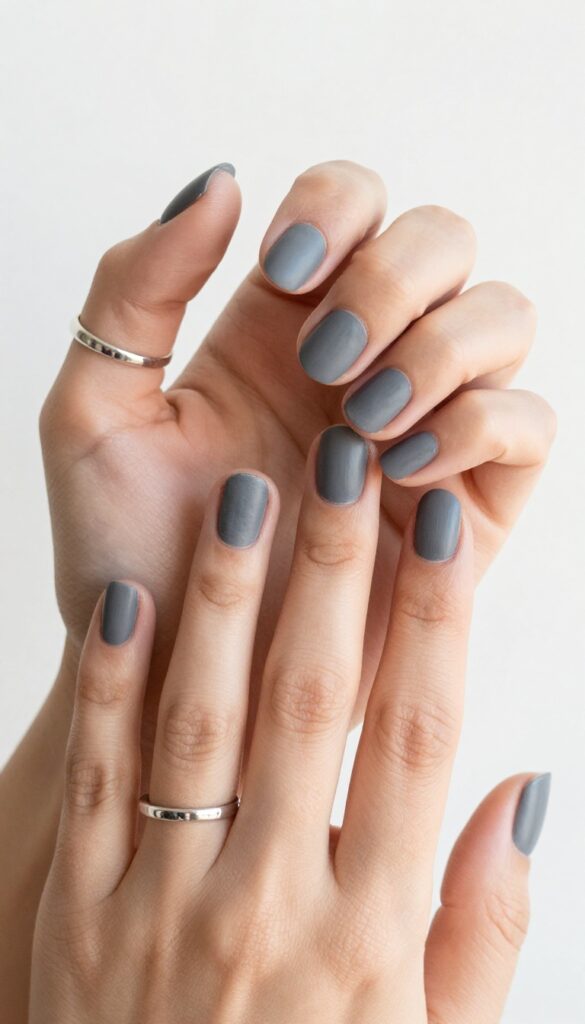 Charcoal smudge nails with matte finish and grey cloud effect