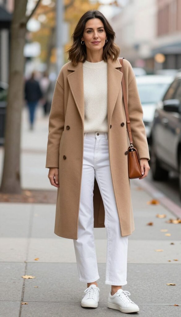 5. Layered Neutrals: Camel Coat, White Jeans, and a Chunky Sweater
