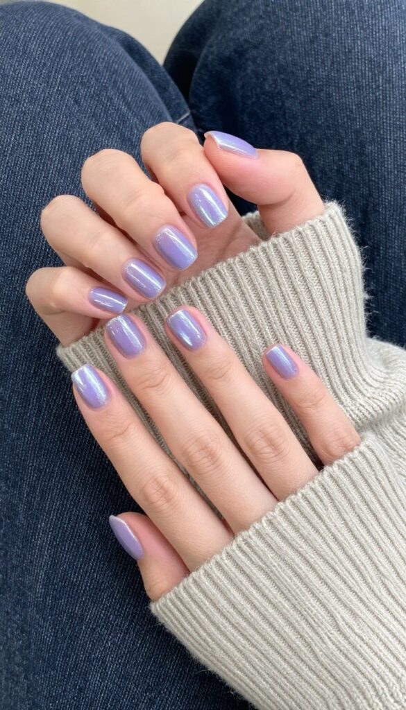 Short square nails with icy lavender chrome finish resting on a chunky knit sweater