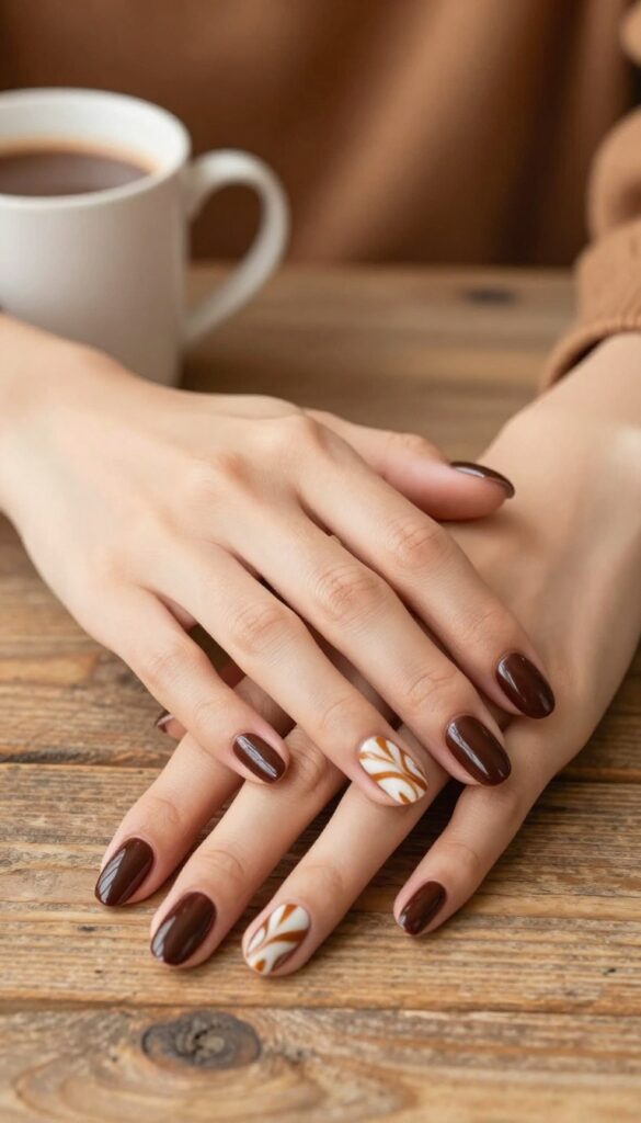 Chocolate swirl nails with deep brown base and white caramel swirls on oval nails