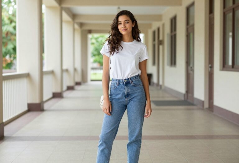 Young woman in white tee and high-waisted jeans standing in school hallway, casual outfit inspiration