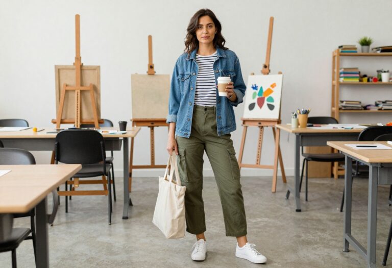 Art teacher outfit with denim jacket, striped tee, cargo pants, and sneakers in a classroom