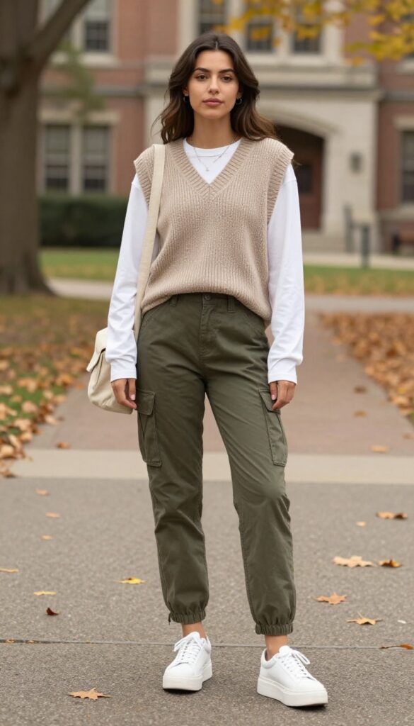 8. Knit Vest over a Long-Sleeve Tee with Cargo Pants