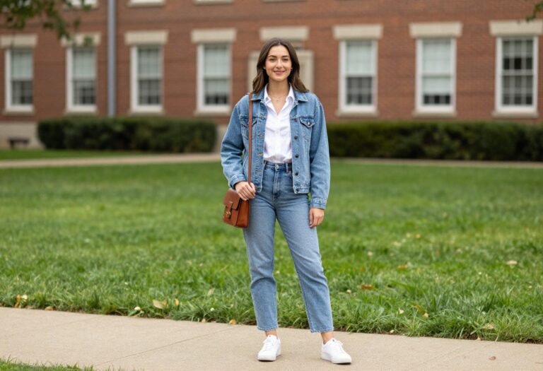 Young woman in denim jacket and white sneakers on college campus first day outfit