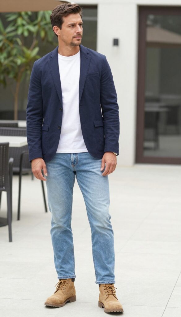 2. Navy Blazer with Light Wash Jeans
