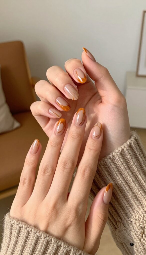 Pumpkin spice swirl nails with orange and brown marbled design on almond-shaped nails
