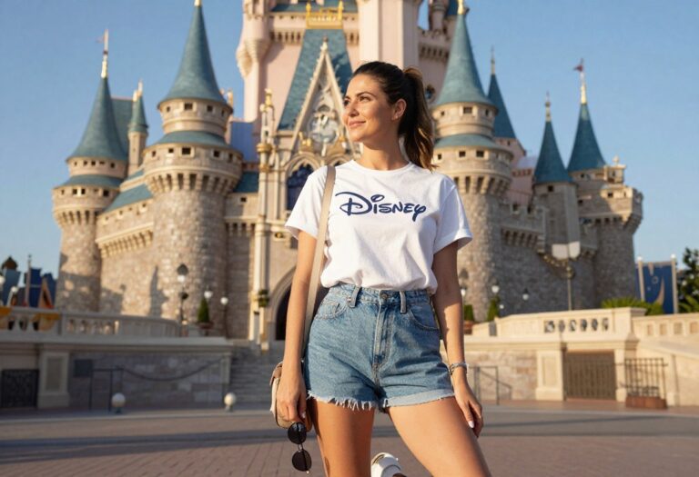 Woman in denim shorts and Disney tee at Magic Kingdom