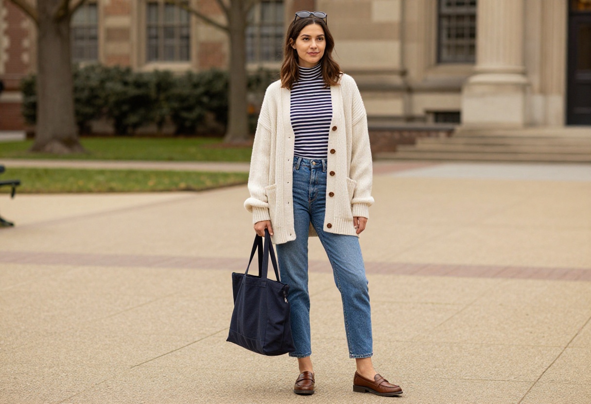 College student in cozy layered outfit on campus