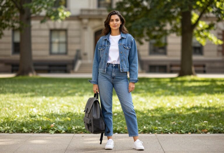 College woman in denim jacket and jeans on campus