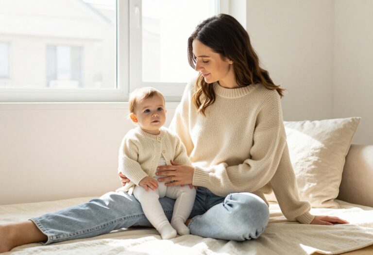 Mom and baby in matching cream knit sweaters sitting on a blanket in a sunlit room