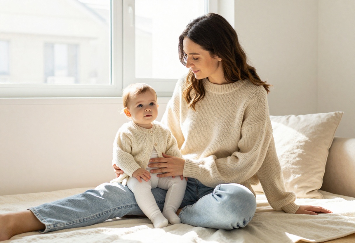 Mom and baby in matching cream knit sweaters sitting on a blanket in a sunlit room