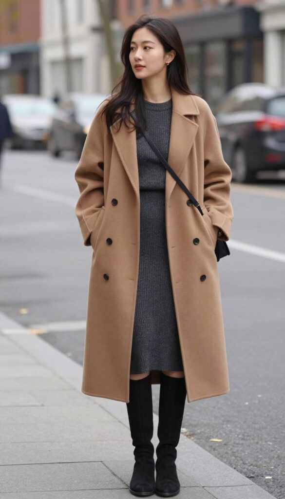 14. Long Coat with Knit Dress