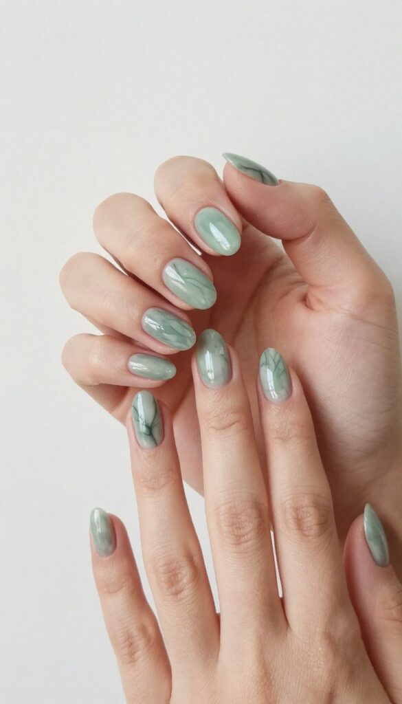 Short almond nails with sage green marble design