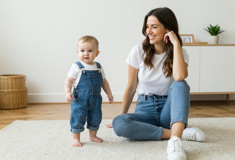 Mom and baby in coordinated denim and white outfits, standing in a bright living room.