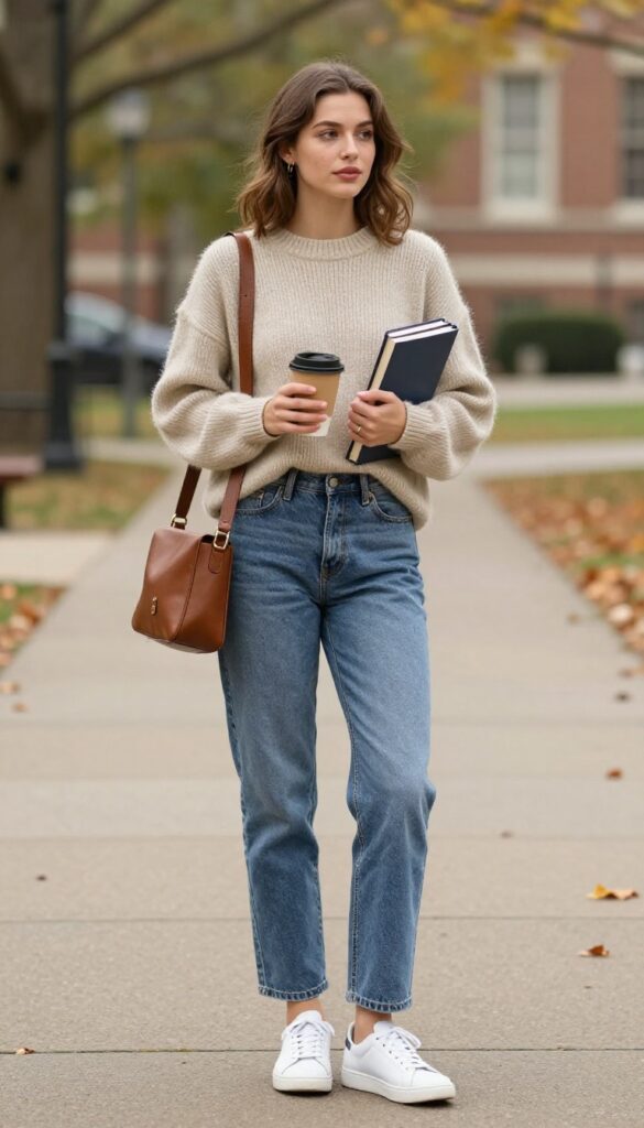 1. Cozy Knit Sweater + Straight-Leg Jeans + White Sneakers