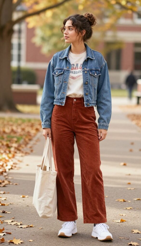 2. Denim Jacket + Graphic Tee + Corduroy Pants