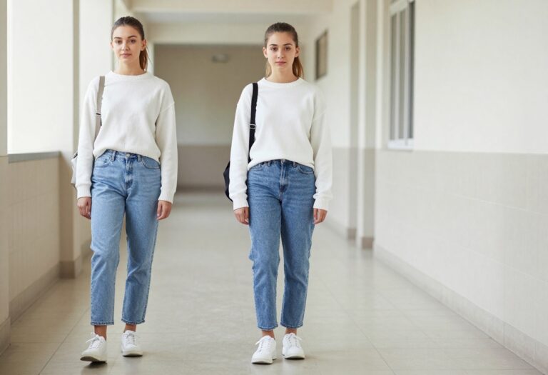 Teenage girl in casual school outfit with jeans and sweater