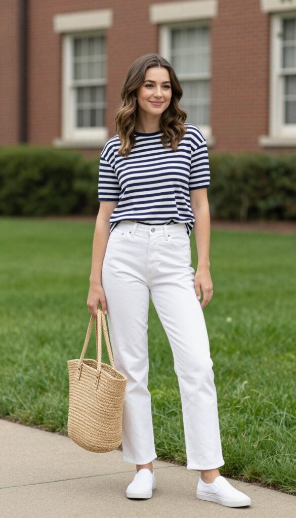 8. Striped Breton Top with White Jeans