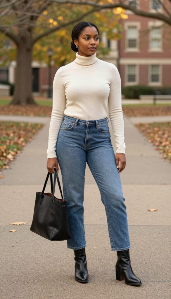 5. Turtleneck + Straight-Leg Jeans + Ankle Boots