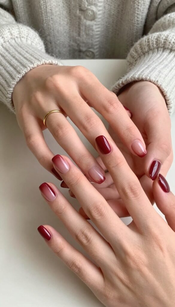 Short squoval nails with sheer burgundy gel polish, glossy finish, and gold ring, fall manicure