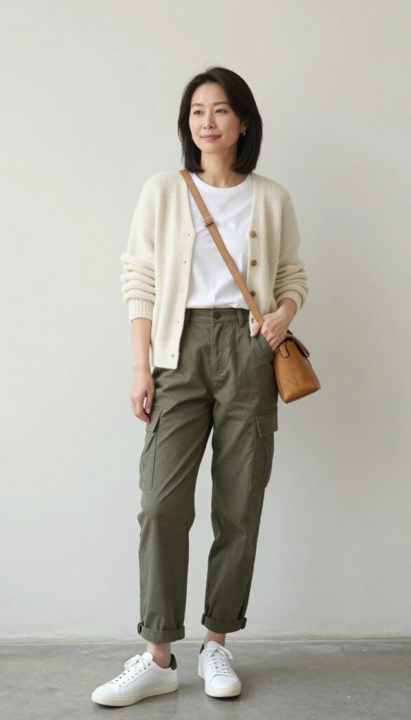 1. Cream Knit Cardigan + Olive Cargo Pants