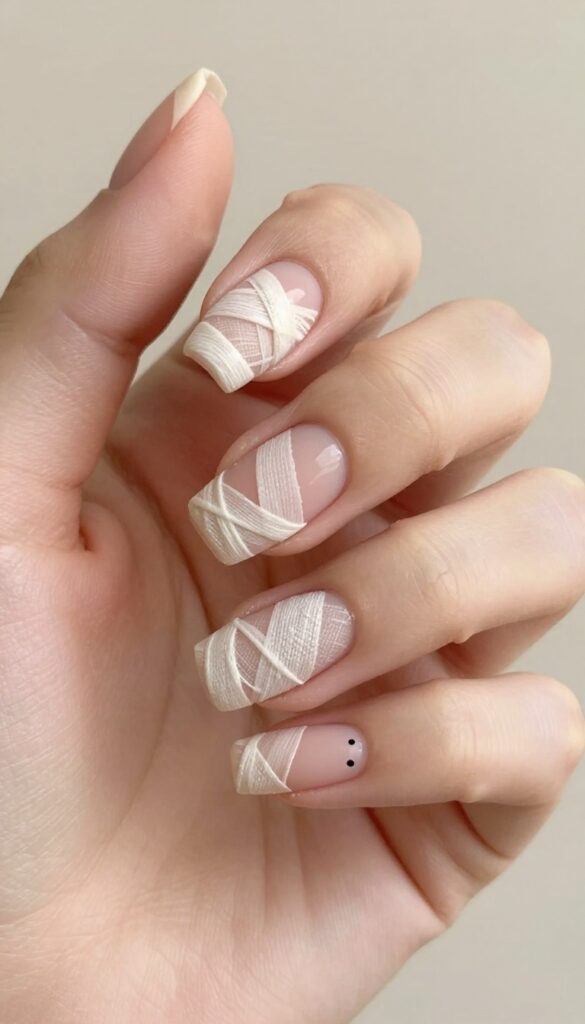 Mummy wrapped nails with white bandage lines and matte finish