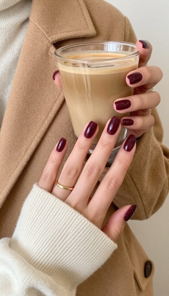 Short almond nails in deep burgundy glossy polish, holding a latte, with cream sweater and camel coat, gold ring.