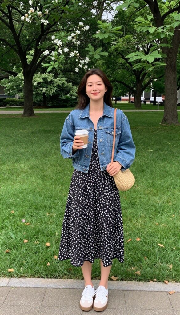 7. Denim Jacket with a Floral Dress and Sneakers