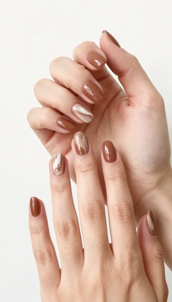 Mocha swirl nails with warm brown base and creamy beige marble pattern on medium almond shape