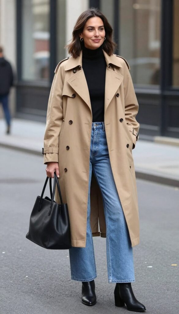 7. Trench Coat & Wide-Leg Jeans